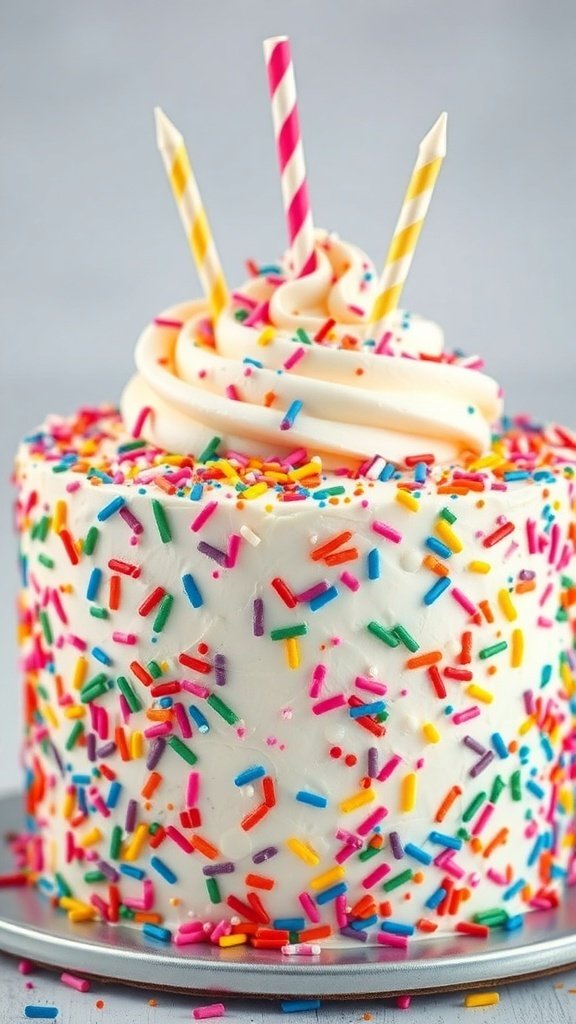 A colorful Funfetti Celebration Cake topped with sprinkles and candles