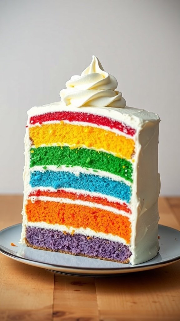 A colorful rainbow layer cake with visible layers of red, orange, yellow, green, blue, and purple, topped with white frosting.