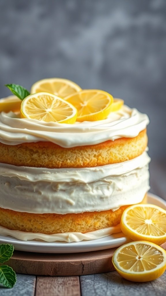 A delicious Lemon Zest Layer Cake topped with lemon slices and mint leaves.
