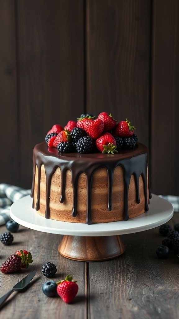 A chocolate ganache drip cake topped with strawberries and blackberries on a wooden table.