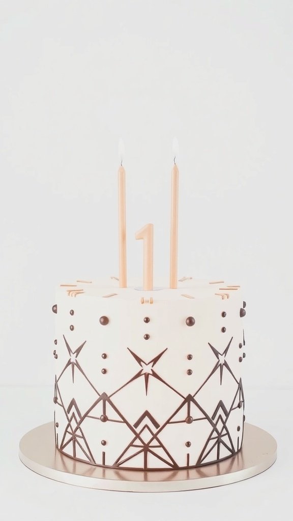 A minimalist birthday cake with geometric designs, featuring white frosting, chocolate accents, and two candles on top.