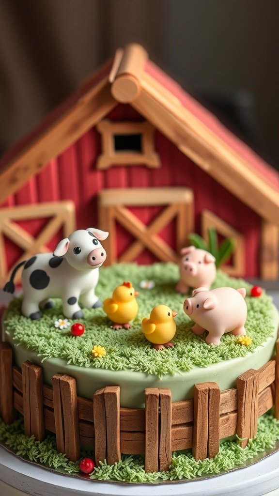 A colorful farm animal cake featuring a cow, pigs, and chicks with a wooden fence and grassy decoration.