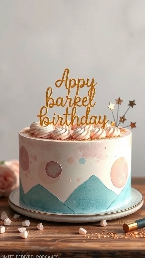 A beautifully decorated birthday cake with a watercolor finish in pastel colors and a golden birthday topper.