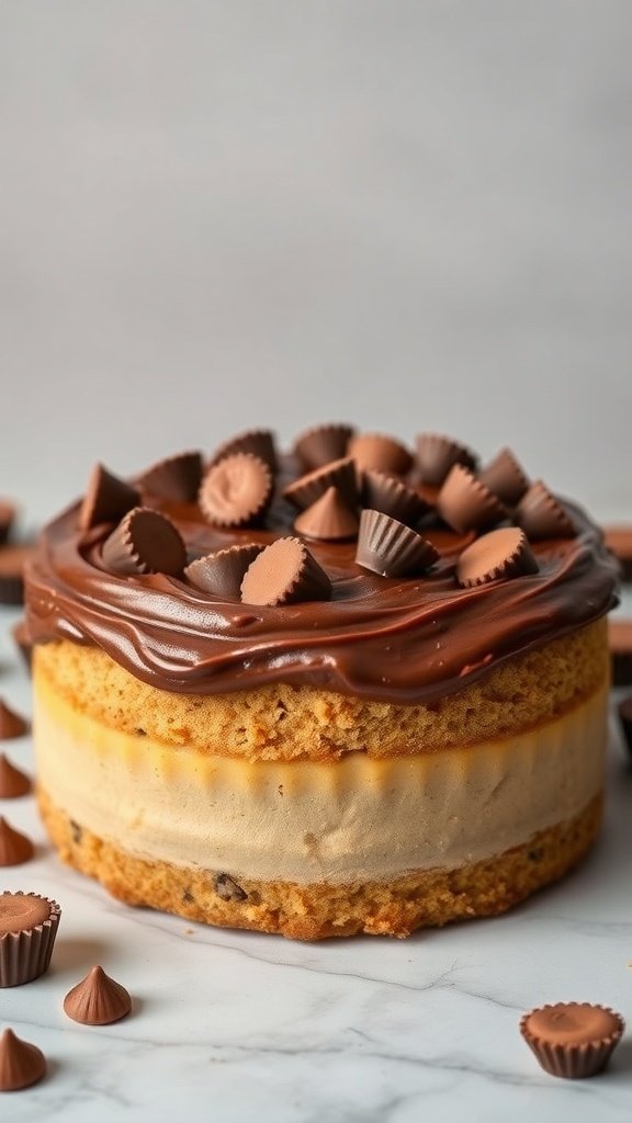 A delicious Peanut Butter Cup Cake topped with chocolate frosting and mini peanut butter cups.