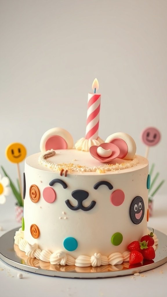 A cute animal-themed birthday cake with colorful decorations and a candle on top.