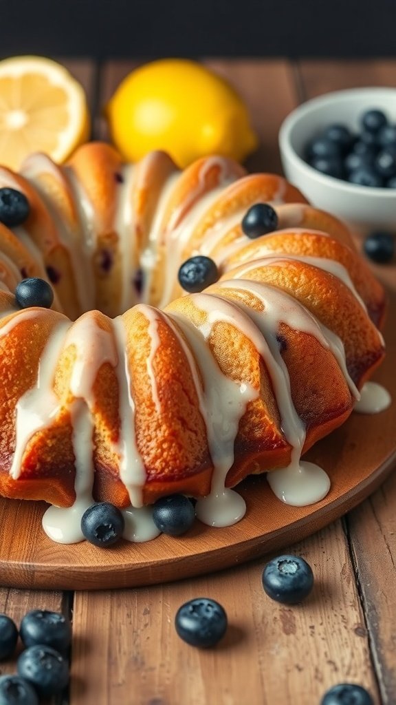 A delicious Lemon Blueberry Bundt Cake with a creamy glaze and fresh blueberries on a wooden plate.