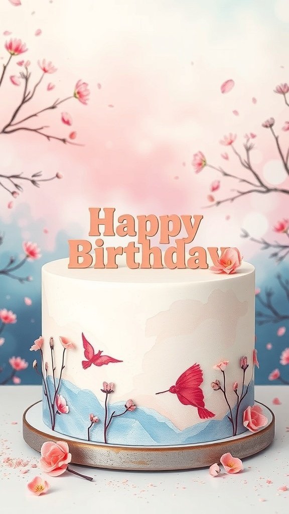 A beautifully decorated birthday cake with a watercolor effect, featuring pink flowers and birds, with a 'Happy Birthday' topper.