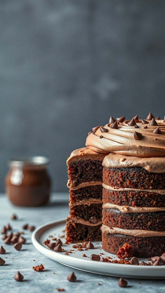 A beautifully layered Nutella swirl cake topped with chocolate frosting and chocolate chips, with a jar of Nutella in the background.