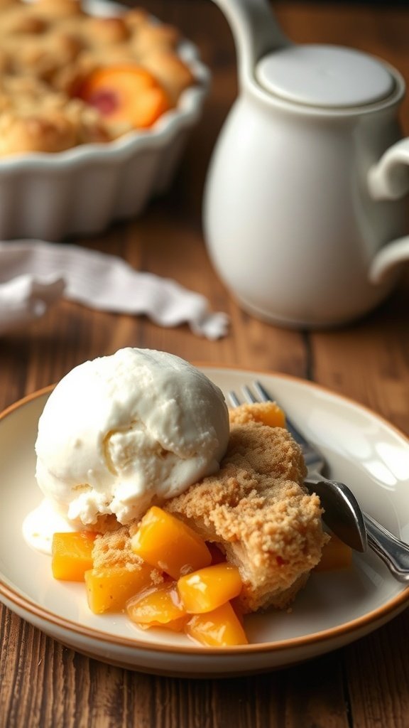 A slice of peach cobbler cake with vanilla ice cream and diced peaches on a plate.