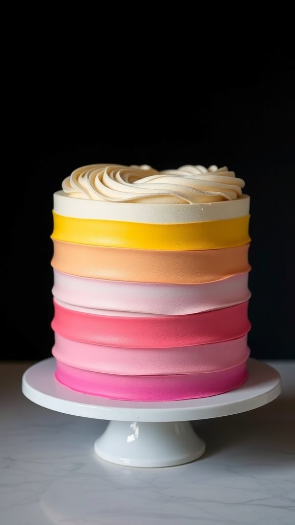 Ombre buttercream cake with yellow, pink, and orange layers on a white cake stand