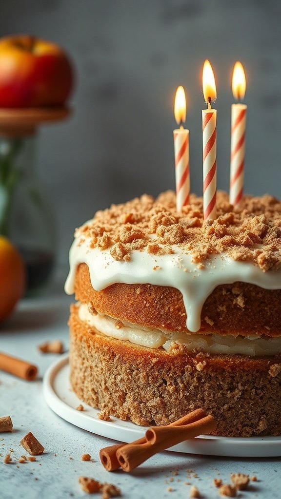 A delicious apple cinnamon cake with three candles on top, surrounded by apples and cinnamon sticks.