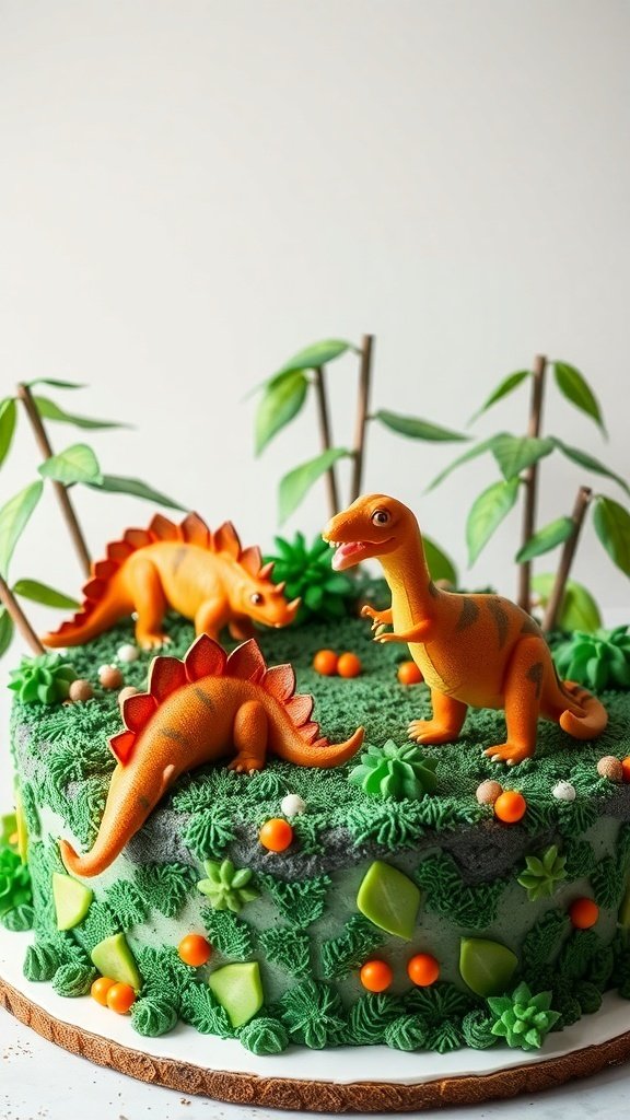 A colorful dinosaur-themed birthday cake with green frosting, dinosaur figurines, and decorative candies.