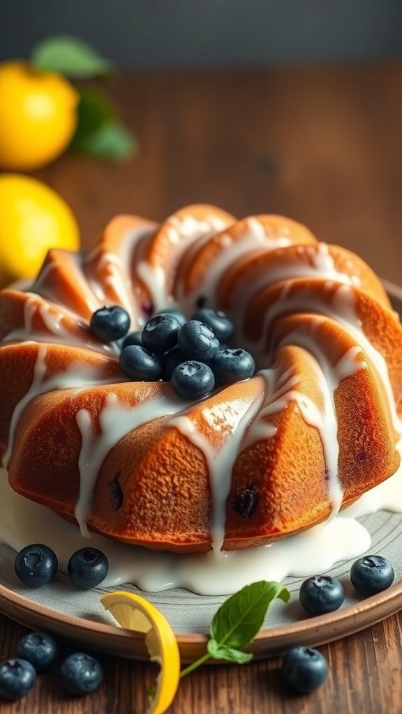 A Lemon Blueberry Bundt Cake topped with blueberries and a drizzle of glaze, with lemons in the background.