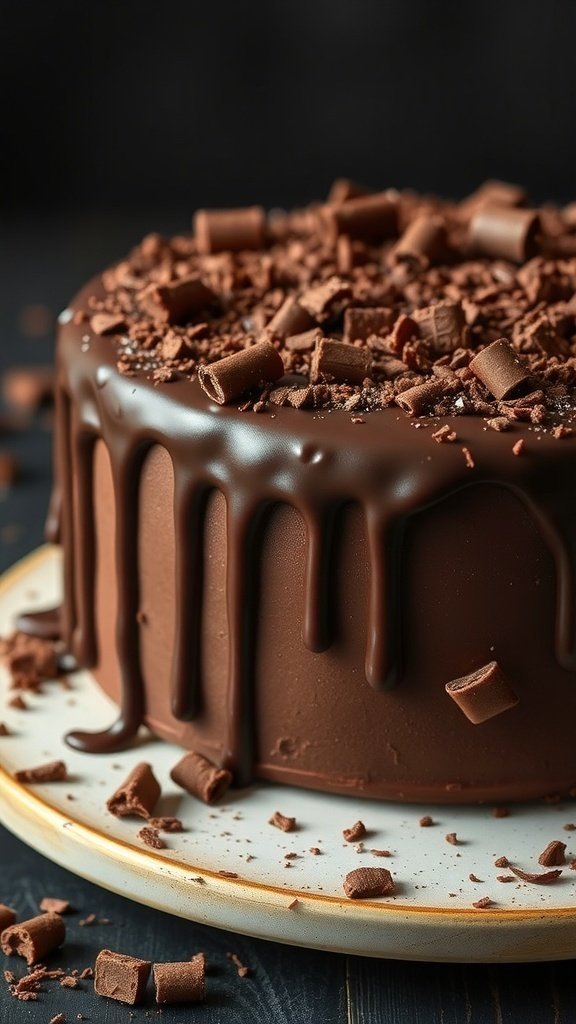 A beautifully decorated chocolate drip cake with chocolate shavings on top.
