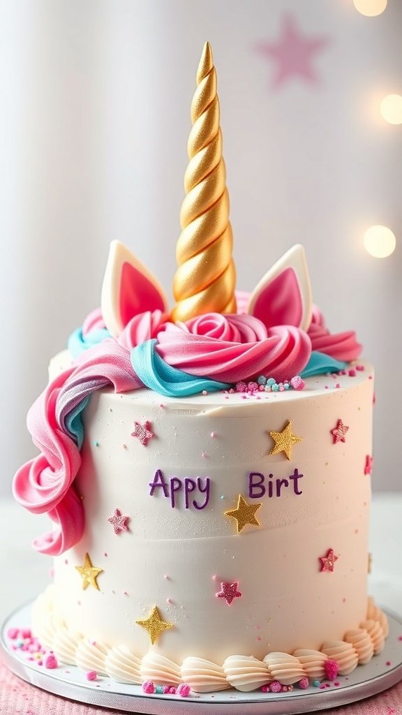 A whimsical unicorn-themed birthday cake with a golden horn, colorful frosting, and star sprinkles.