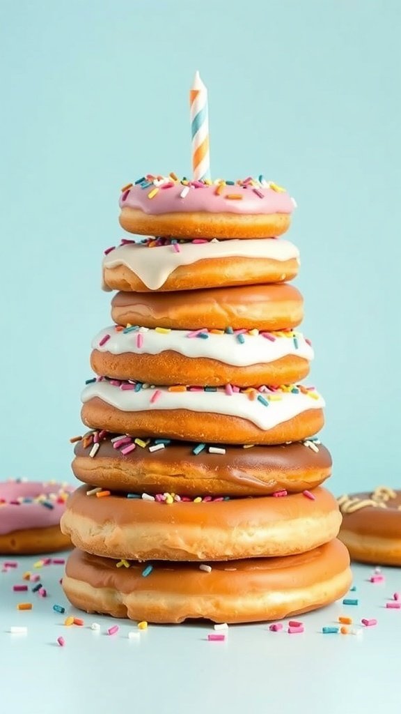 A colorful tower of donuts with a birthday candle on top, decorated with sprinkles.