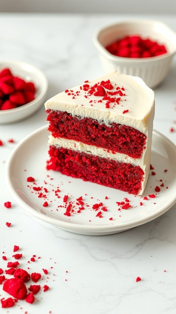 A slice of red velvet cake with cream cheese frosting, garnished with red crumbs, on a white plate.