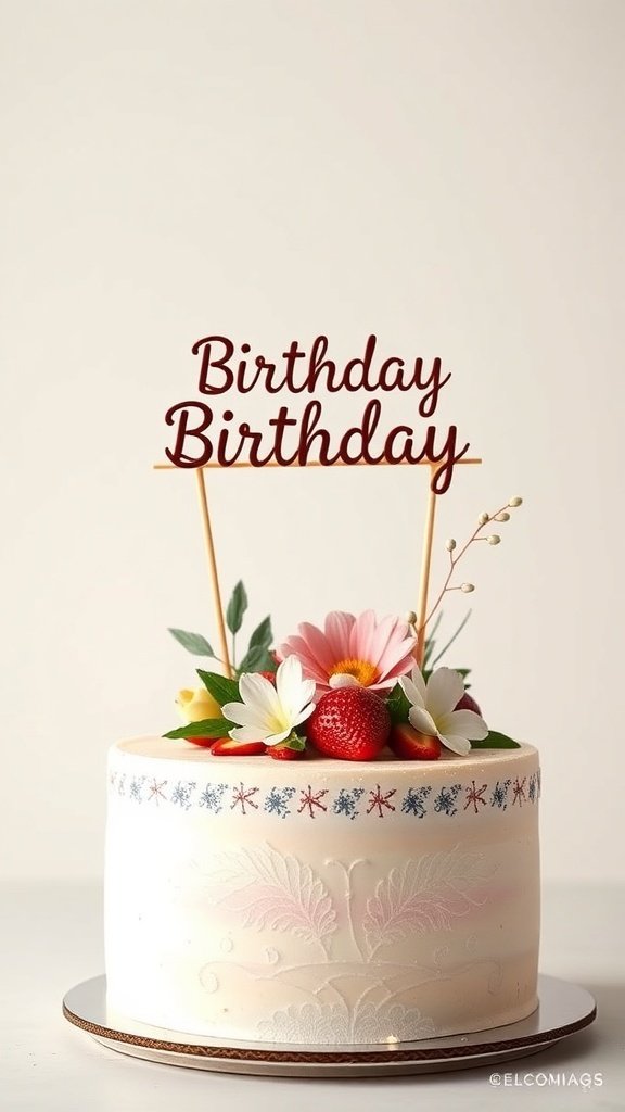 A beautifully decorated strawberry birthday cake with a floral topper and a 'Birthday Birthday' sign.