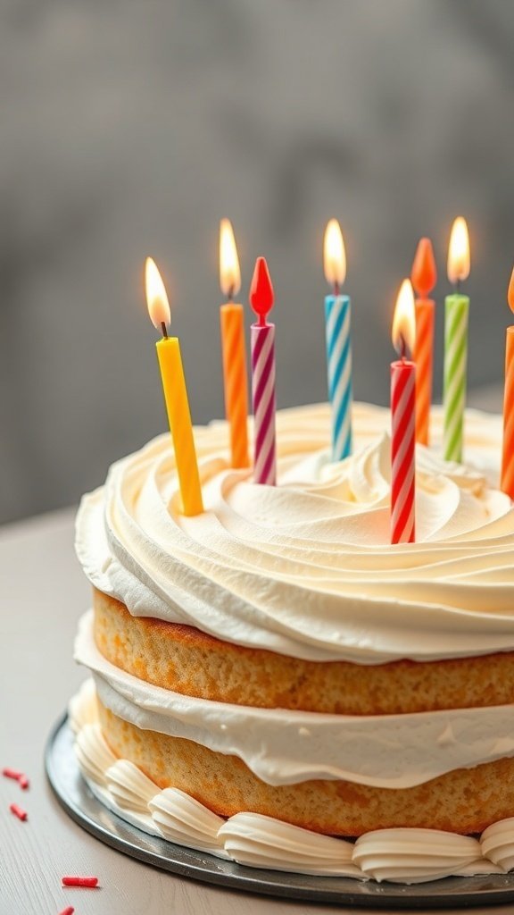 A birthday cake with classic buttercream swirls and colorful candles on top.