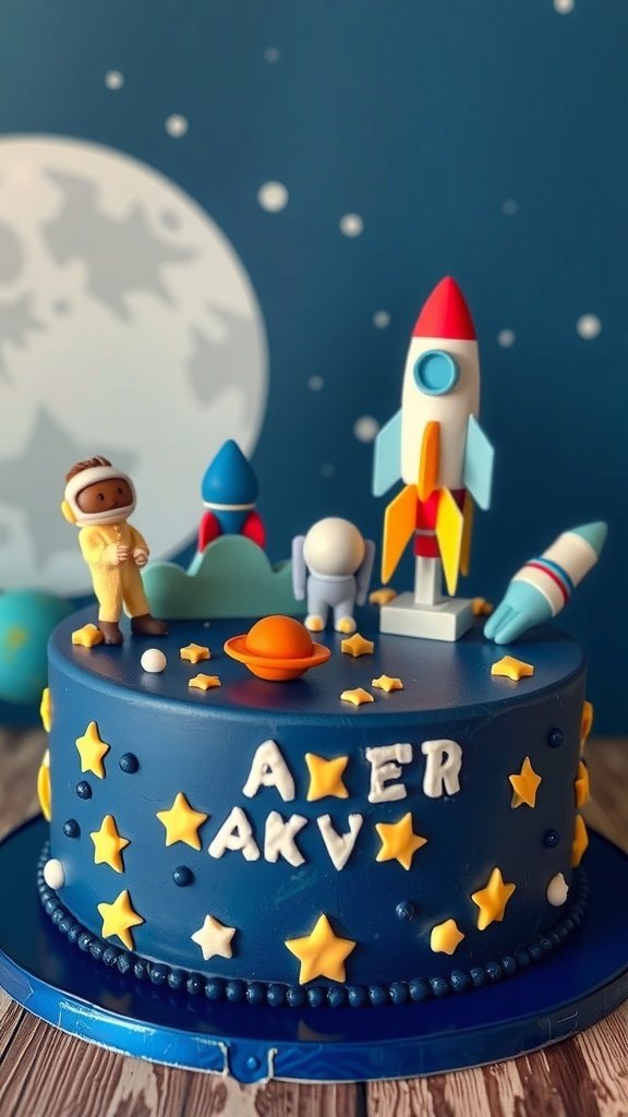 A colorful Space Explorer Cake decorated with stars, planets, and astronaut figurines.