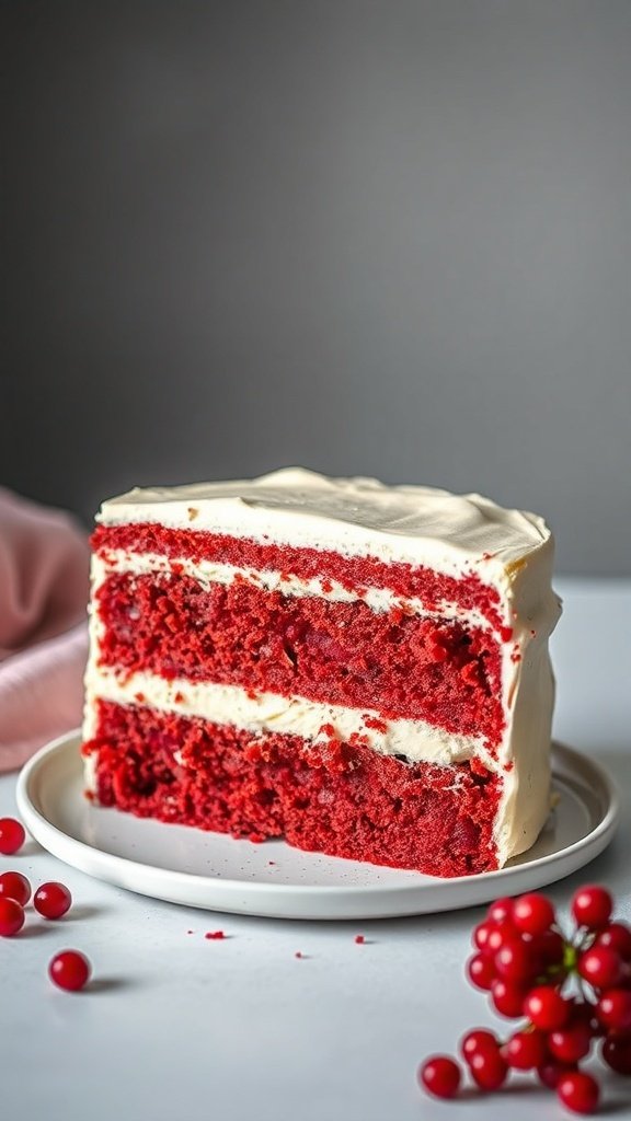 A slice of red velvet cake with cream cheese frosting on a plate, surrounded by red berries.