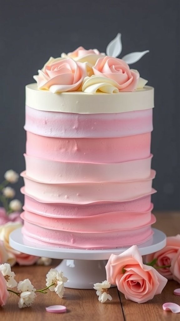 A pastel ombre cake with pink layers and decorative roses on top.