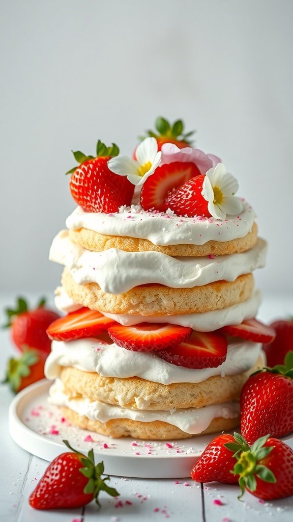 A whimsical strawberry shortcake with layers of fluffy cake, fresh strawberries, and whipped cream, topped with flowers.