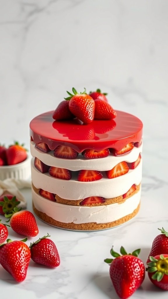 A layered strawberry mousse cake topped with fresh strawberries and a glossy red glaze.
