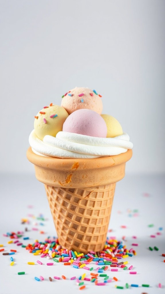 A cake shaped like an ice cream cone with colorful frosting scoops and sprinkles
