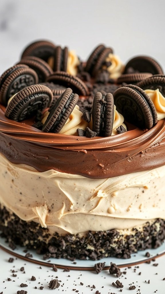 A delicious cookies and cream cake topped with Oreos and chocolate frosting.