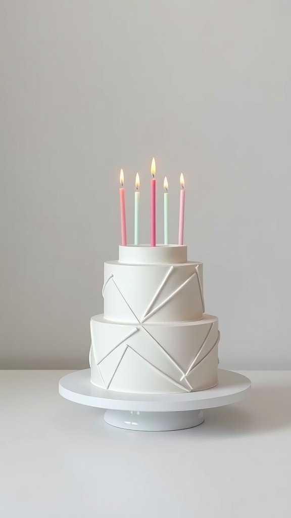 A minimalist geometric birthday cake with three tiers and pastel candles on top.