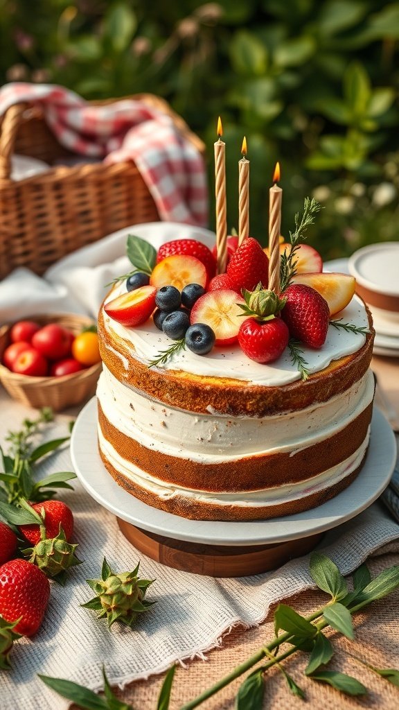 A rustic naked cake topped with fresh fruits and candles, surrounded by greenery and a picnic basket.