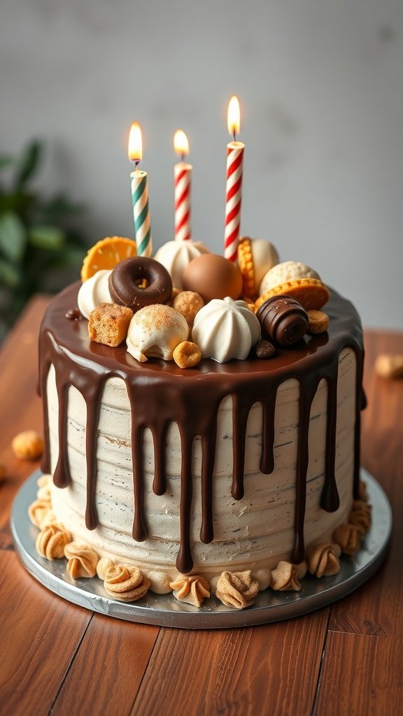 A beautifully decorated birthday cake with a chocolate drip, topped with assorted sweets and candles.