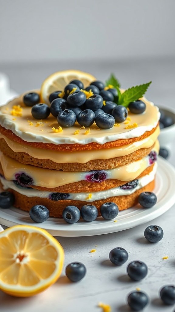A layered lemon blueberry cake topped with fresh blueberries and lemon slices.