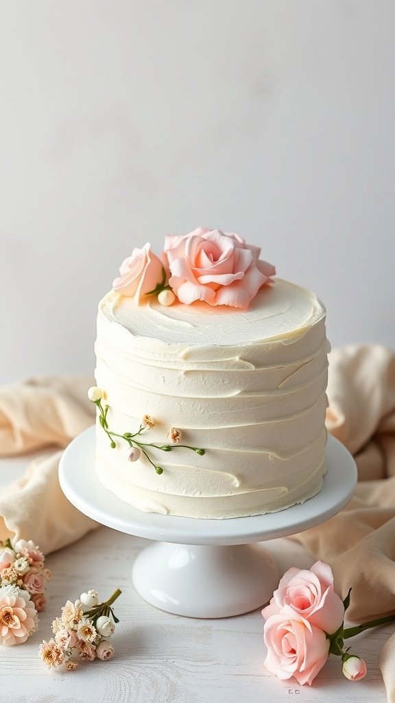 A beautifully decorated Vanilla Bean Buttercream Cake with pink roses on top.