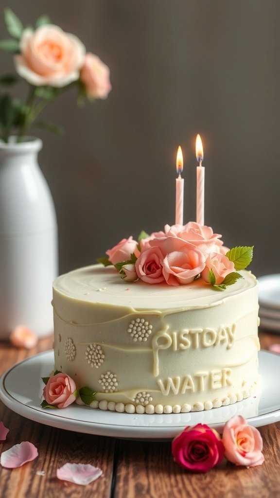 A beautifully decorated pistachio rose water cake with pink roses and candles