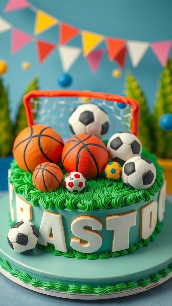 A colorful sports-themed birthday cake decorated with mini basketballs, soccer balls, and a goalpost.