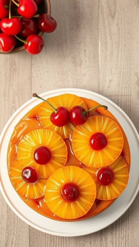 A beautifully arranged pineapple upside-down cake topped with cherries, placed on a white plate with a bowl of cherries in the background.