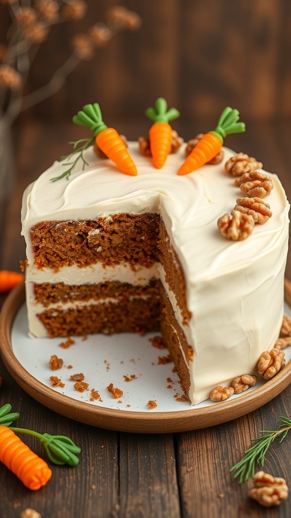 A delicious carrot cake with cream cheese icing, decorated with fondant carrots and walnuts.