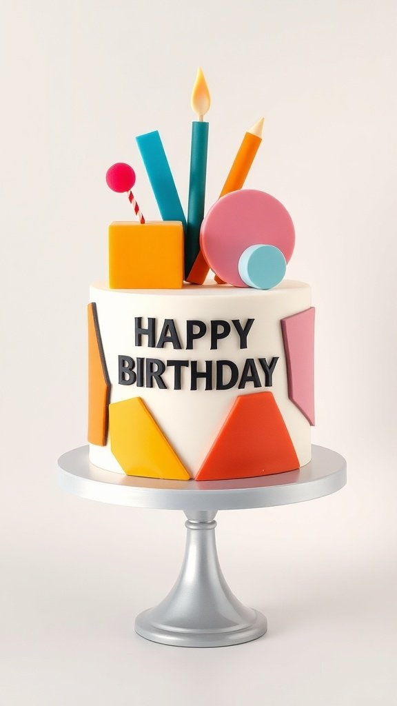 A colorful birthday cake with geometric shapes and patterns, featuring candles and a 'Happy Birthday' message.
