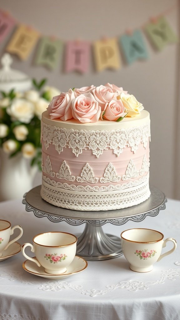 A vintage-style cake decorated with pink roses, lace, and surrounded by elegant tea cups.