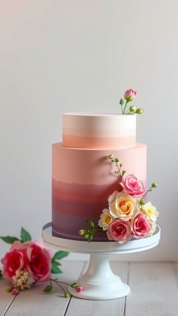A beautiful ombre cake with pink shades and floral decorations