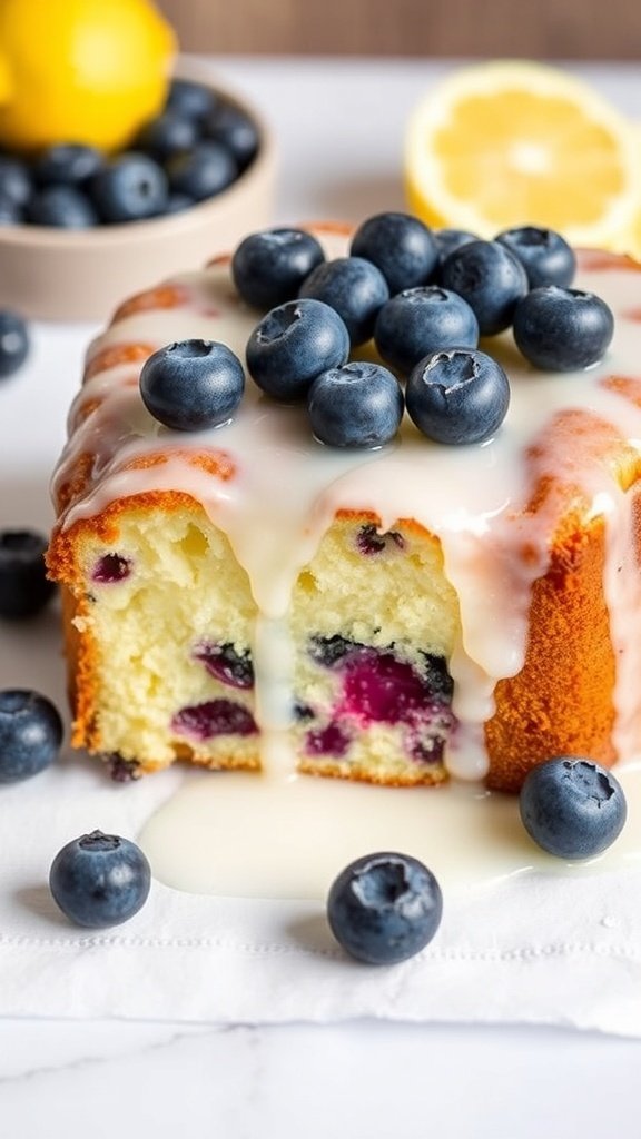 A slice of lemon blueberry cake with a zesty glaze, topped with fresh blueberries and surrounded by lemons.