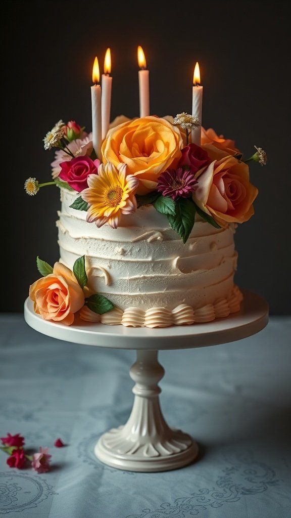 A birthday cake decorated with roses and daisies, topped with candles.
