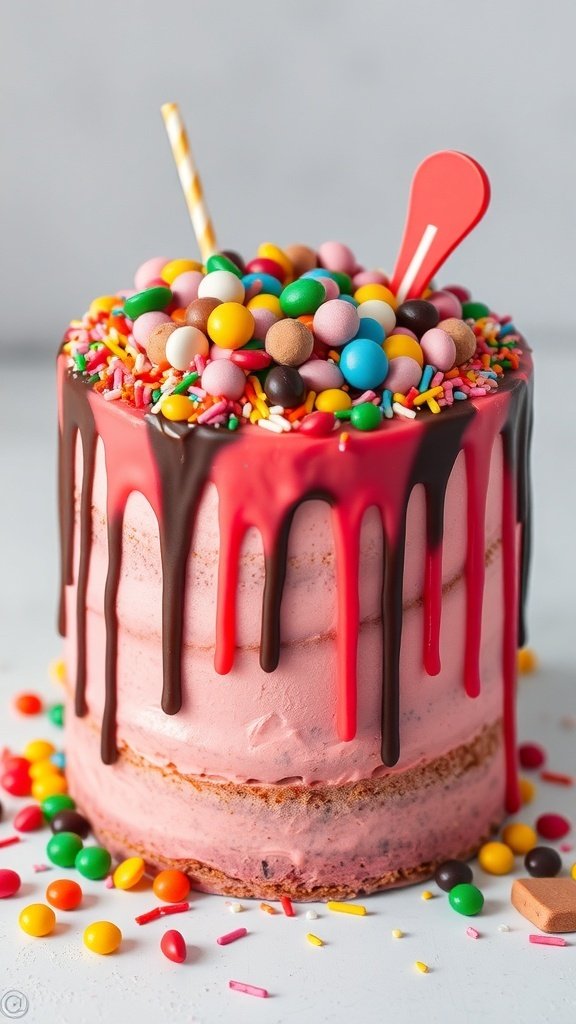 A colorful drip cake topped with sprinkles and candies, featuring chocolate and red drips.