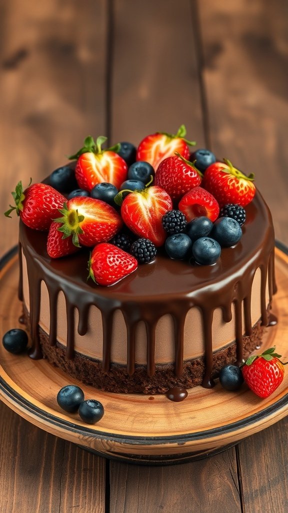 A chocolate drip cake topped with fresh strawberries, blueberries, and blackberries on a wooden table.