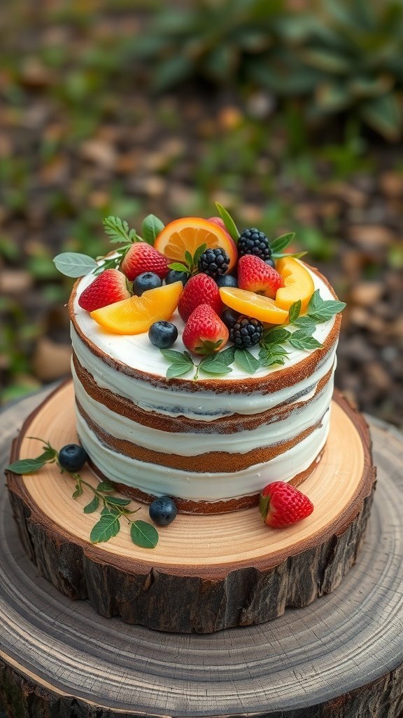 A rustic naked cake topped with fresh fruits and greenery, displayed on a wooden slice.