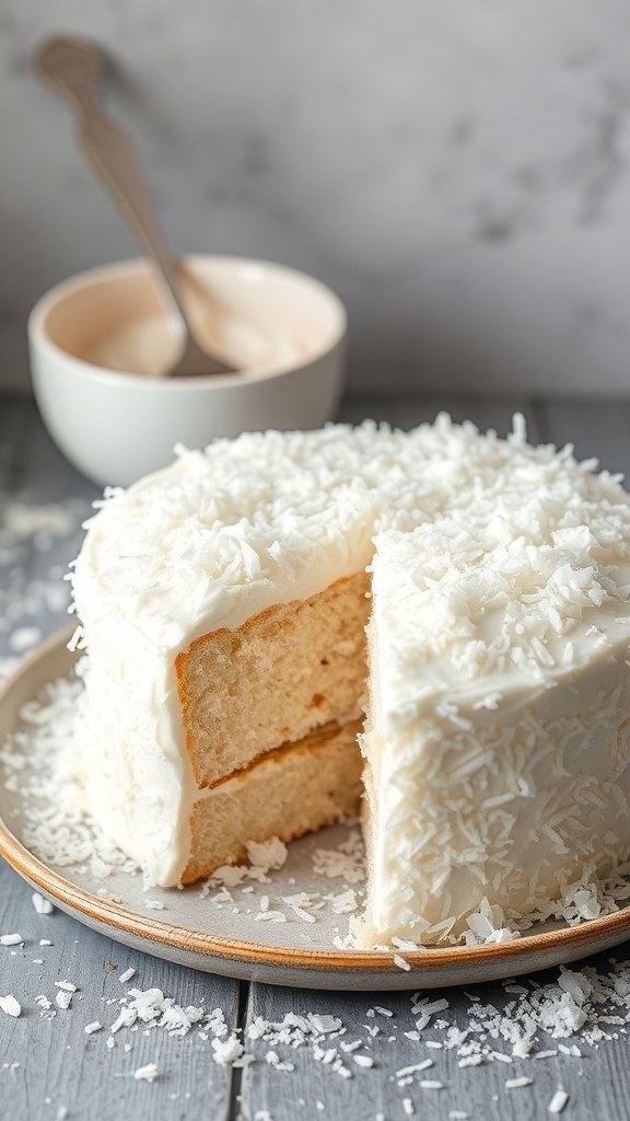A coconut cream cake with shredded coconut on top and a slice cut out, showing the layers inside.