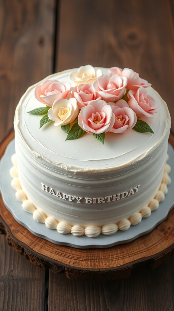 A vintage floral buttercream cake with pink roses and a 'Happy Birthday' message