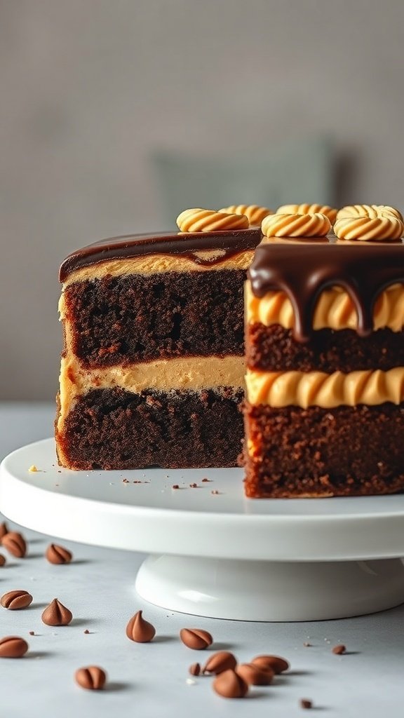 A slice of chocolate peanut butter cake on a white cake stand, showcasing layers of chocolate cake and peanut butter frosting.